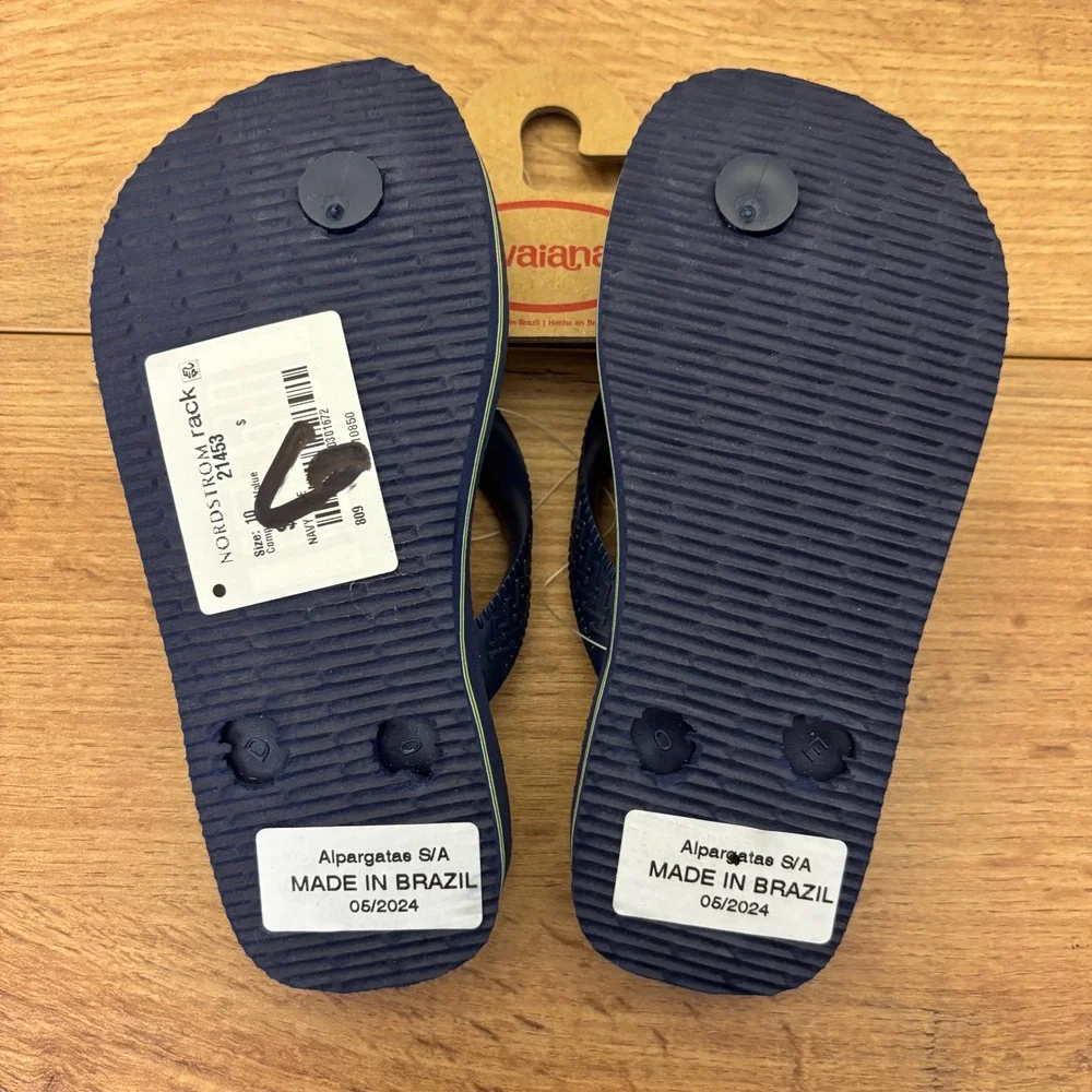 NEW HAVAIANAS Brazil Logo Flip Flops Navy Blue Kids Size 10C Summer Rubber